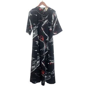 Vintage McInerny Hawaii Black White Red Print Long Maxi Dress 70’s 80’s